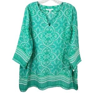 Violet + Claire Green Geometric Print Notch Neckline 3/4 sleeve Blouse size 1X